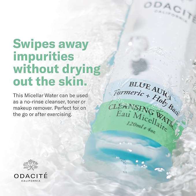 ODACITE Odacité Facial Cleanser with Foam - Blue Aura Cleansing Water Facial Wash with Neem, Holy Basil & Turmeric - No-Rinse Micellar Water Removes Pollution, Impurities & Makeup, 4.0 fl. Oz