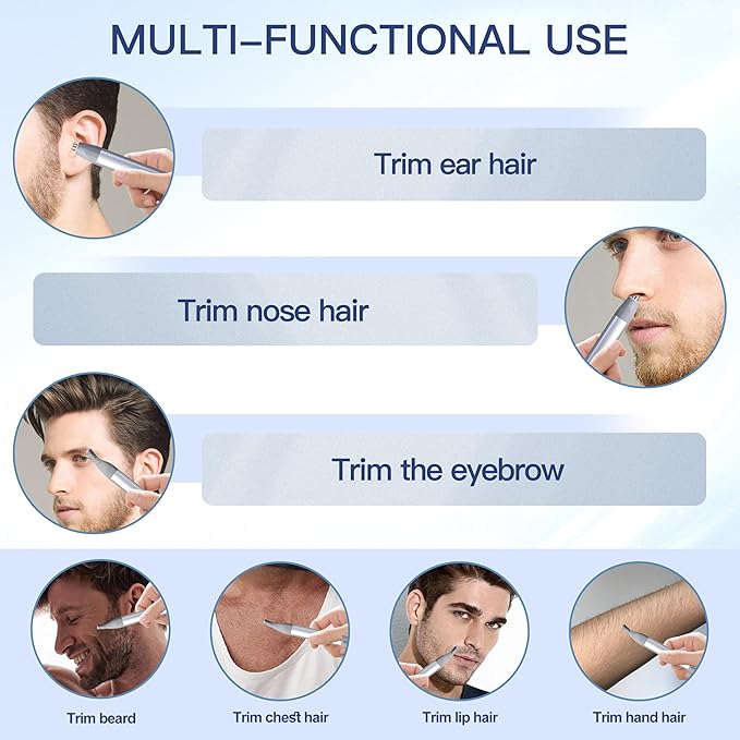Nose Hair Trimmer for Men & Women - 2in1 Rechargeable Ear and Nasal Hair Trimmer, Waterproof Nose Clipper, Electric Eyebrow Trimmer & Facial Hair Remover Grooming Set (Silver Grey)