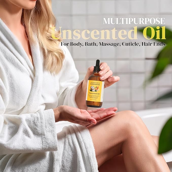 Almond Coconut Unscented Moisturizing Body Oil with Fractionated Coconut Oil, Vitamin E, Radiant Looking Glow and Skin Hydration, Instant Absorption, Body, After-Shower oil, 4 Ounces