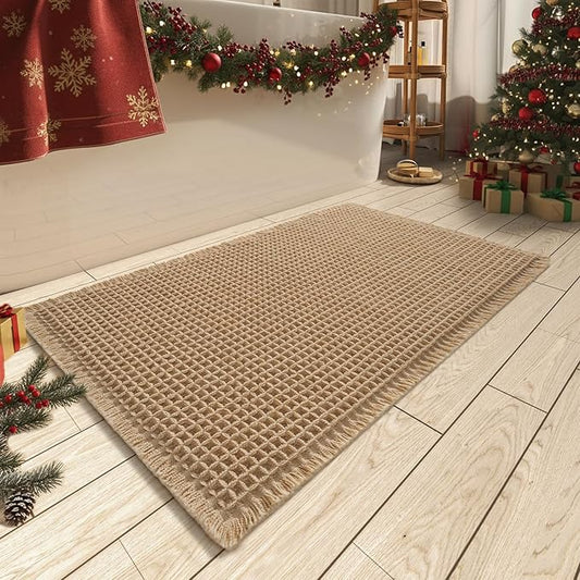 AMOAMI Upgraded Waffle Bath Mat, Super Absorbent Non Slip Bath Mats for Bathroom Floor, Machine Washable Bathroom Rugs with Tassels, Rubber Backed Bathroom Mats, Ultra Soft, 20" x 32", Brown