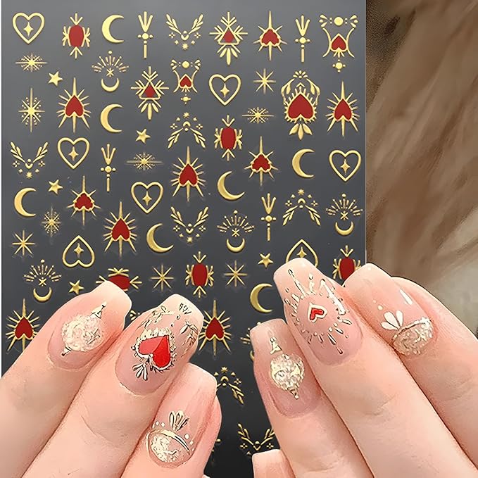 Star Nail Art Stickers - 12 Sheets, 3D Self-Adhesive Gold Moon, Red Heart, Silver Star Designs for Nail Art Decoration