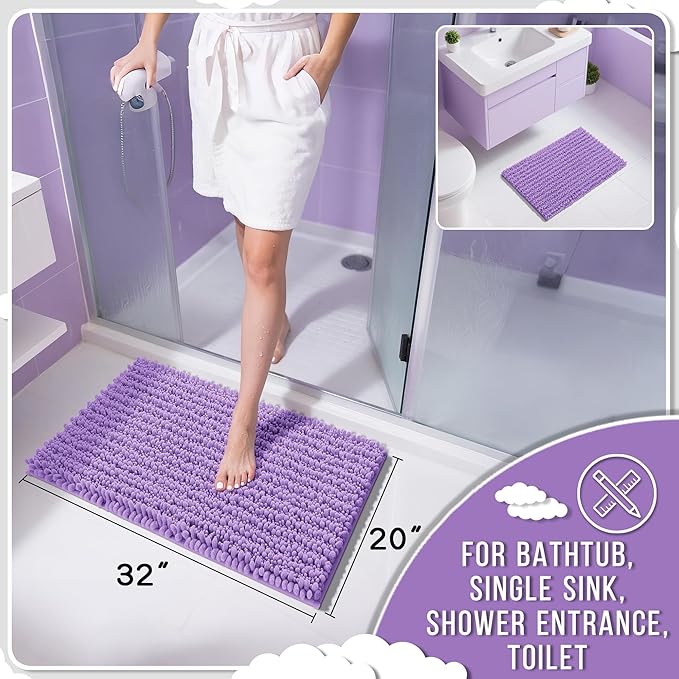 Yimobra Bathroom Rugs Non Slip Washable 32x20 Inch - Ultra Soft Absorbent Chenille Bath Mat, Quick Dry Shaggy Floor Carpet for Tub Shower, Lavender Home Decor Accessories