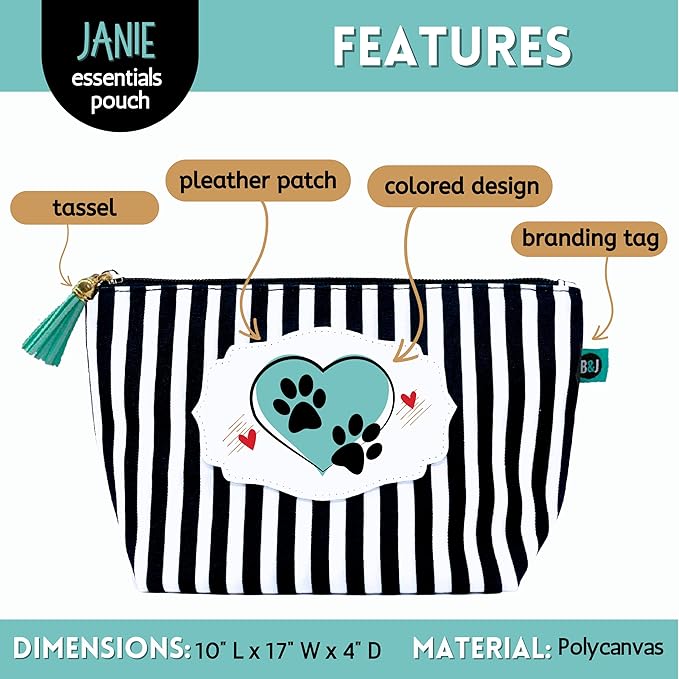 Brooke & Jess Designs Paw Janie Pouch Gifts for Women Striped Makeup Bags Cosmetic Bag Travel Toiletry Makeup Pouch Pencil Bag with Zipper Best Dog Cat Mom Birthday Mother Gifts