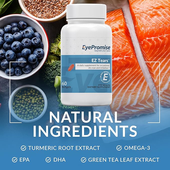 EyePromise EZ Tears Eye Vitamin - 60 Softgels, 30-Day Supply - Eye Supplement with Omega 3s, Primrose Oil & Turmeric Root Extract - Targets Eye Irritation, Dryness, Itchiness & Redness