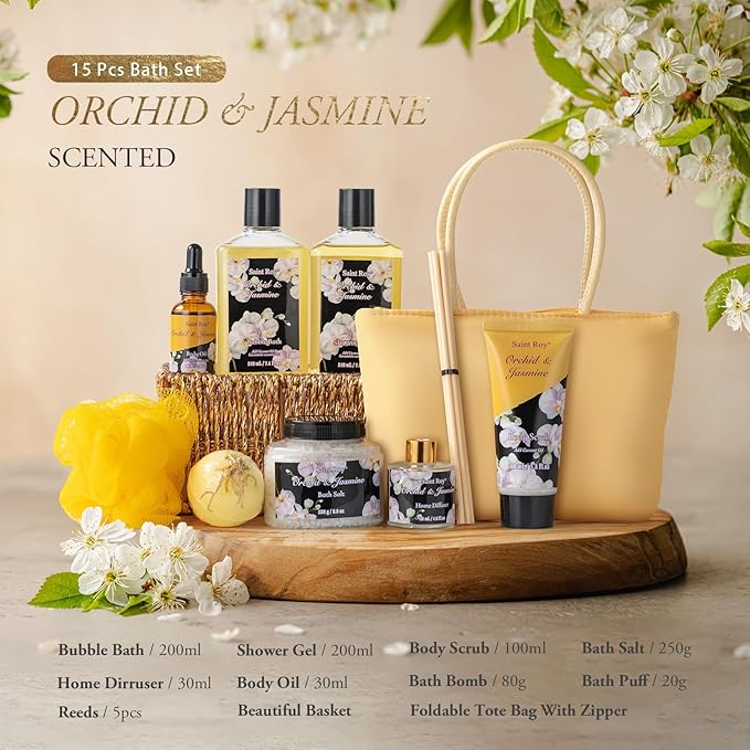 christmas gift bath basket, Bath and Body Gift Basket Orchid & Jasmine Spa Gift Baskets for Women Fragrant Body Lotions, Christmas Gifts for Women, Home Spa Gift Basket, Bath Kit Cosmetic bag Sets