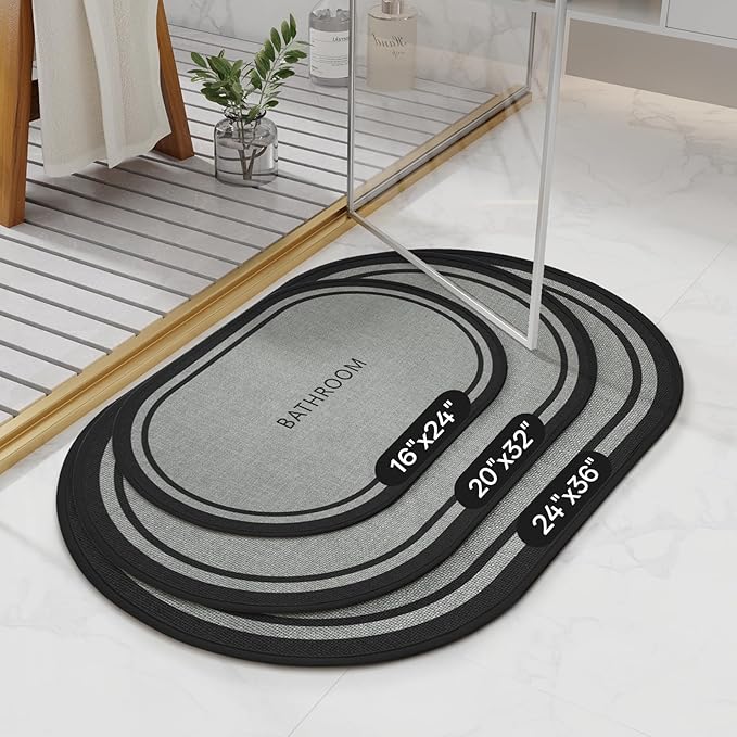 Non-Slip Bath Mat with Upgraded Rubber-Backing, Washable Thin Bath Mats for Bathroom Floor, Absorbent Woven Bathroom Rugs, Quick Dry, Fits Under Door, 20x32, Border Grey