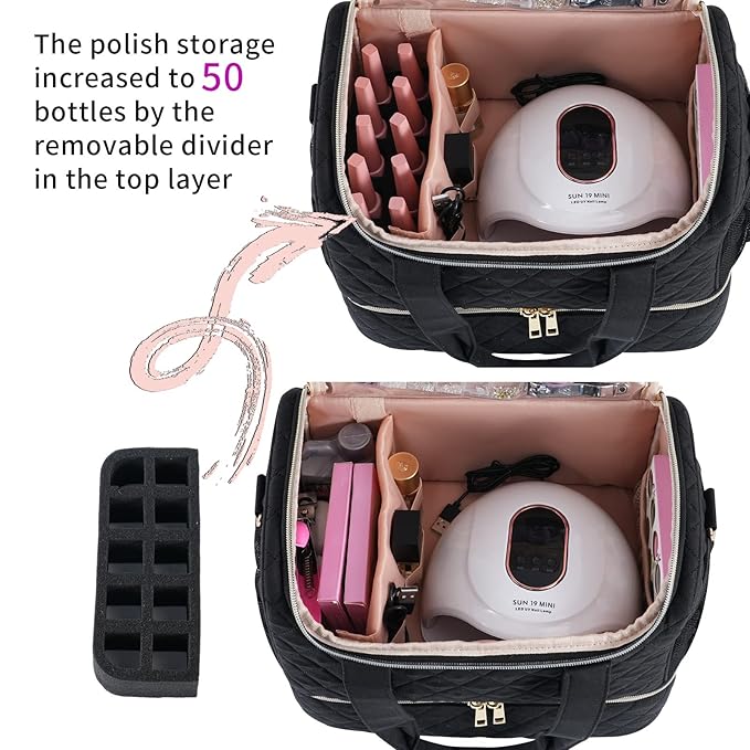 Nail Polish Organizer Case,Nail Storage Organizer Holds Nail Lamp & 50 Bottles Nail Polish,Travel Nail Tech Case,Nail Kit Organizer Bag Fits Nail Supplies & Manicure Tools,Black (Patented)