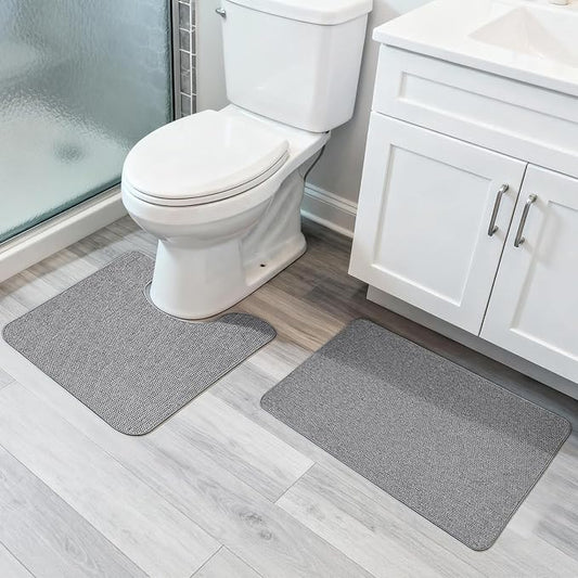 Bathroom Rugs Set 2 Pieces,Thin Bathroom Mats,Toilet Rugs,Quick Dry,Non-Slip,Machine Washable,Low Pile,Absorbent Bath Mats,Shower,Sink,Home Decor Accessories.Grey,1'5"x2'3"+1'8"x2" U Shape