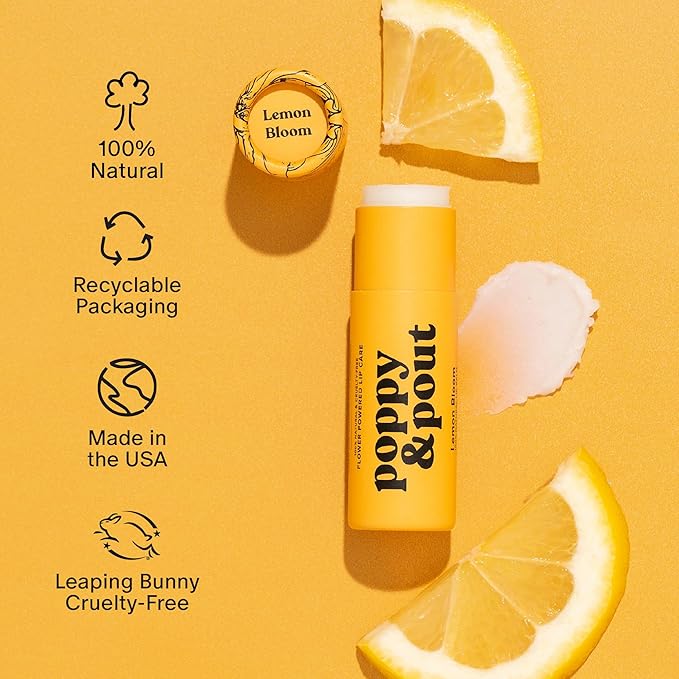 Poppy & Pout Lip Care Set | Lip Balm & Scrub | Sustainable Cardboard Tubes & Glass Jars, All Natural, Beeswax, Coconut Oil, Cruelty Free, Exfoliating & Moisturizing Lip Treatment (Lemon Bloom)