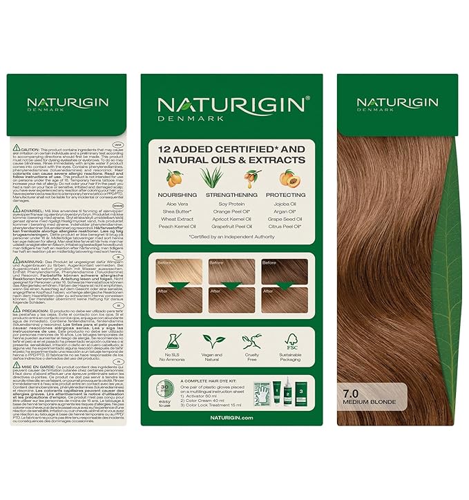 Naturigin Permanent Hair Color, 7.0 Medium Blonde, Ammonia Free, 100% Gray Coverage, Nourishing Natural Formula, For All Hair Types, Long-Lasting, Vegan & Cruelty-Free, 1 Pack