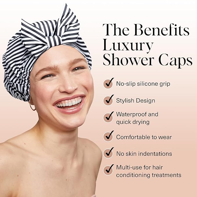 Kitsch Luxury Shower Caps for Women Reusable Waterproof - Large Shower Cap for Women and Men, Non-slip, Quick-dry Hair Cap for Long & Short Hair, Comfortable and Stylish Design - Stripe