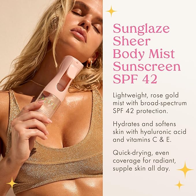 Kopari Rose Gold Sunglaze Sheer Body Mist Sunscreen SPF 42, Infused with Shimmering Body Oil, Hydrating Mist, Hydrates, Brightens, Makeup Friendly, Gives Skin a Glowy Finish, Lightweight,
