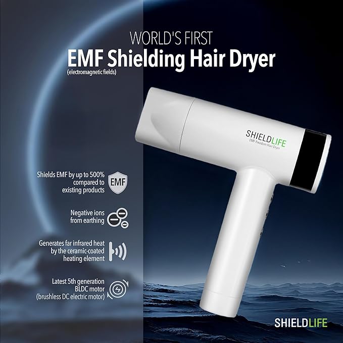 Hair Dryer -99% EMF Blocking- Fast Drying, Damage-Free, Negative Ion Technology, Compact & Lightweight, Magnetic Nozzle Cap, 3 Speeds & 3 Temperature Settings by Shield Life.