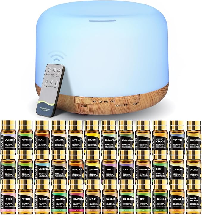 SACATR Essential Oil Diffusers for Home with 36x5mL Oil Diffuser Sets, Ultrasonic Technology, Remote Control for Home Office, Auto Shut-Off 4 Timers 15 Colors