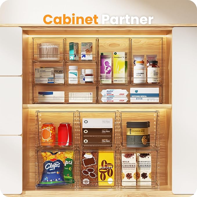 A-LuGei 【𝟰𝗣𝗖𝗦】 Acrylic Stackable Storage Drawers, 11.8" W Makeup Organizer, Bathroom Organizer and Storage, Plastic Storage Bins for Kitchen Cabinet Pantry Medicine Fridge