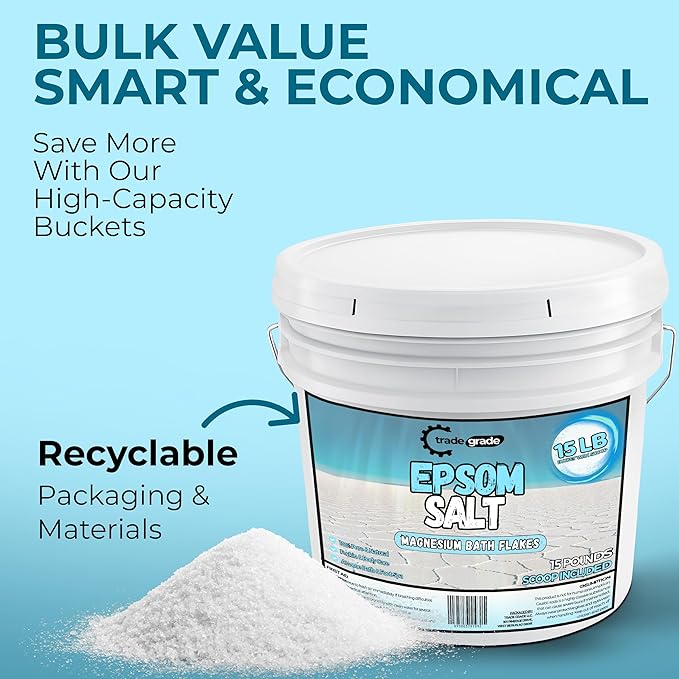 Epsom Salt Bath Soak 15 lb Bucket – Unscented, Pure Epsom Salt Bulk Crystals, Magnesium Sulfate for Full Body or Foot Soaks, Resealable Container with Scoop for Home Bath Use