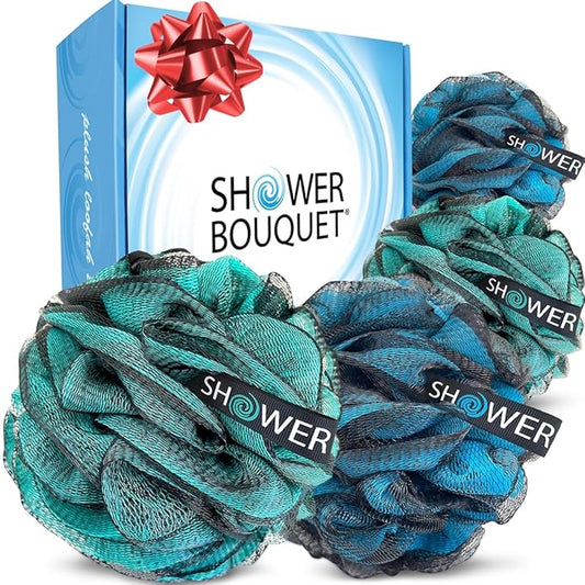 SHOWER BOUQUET Loofah-Charcoal Bath-Sponge XL-4-Pack-Blue-Green // Extra Large 75g Soft Mesh Color & Black Lufa Loofa Loufa Puff Set/Exfoliating Body Scrubber for Women and Men - Exfoliate & Soothe