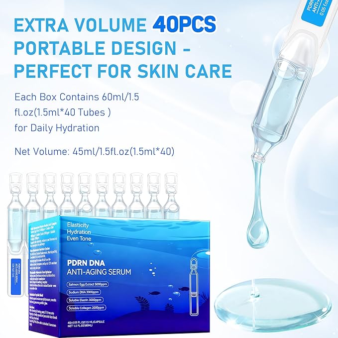 Salmon DNA PDRN Korean Collagen Hyaluronic Acid Ampoule, Anti-Aging Hydrating Serum with Glutathione, Niacinamide & 5000ppm Salmon Egg DNA, Firming Brightening Improves skin Radiance 0.05 fl.oz x 40e