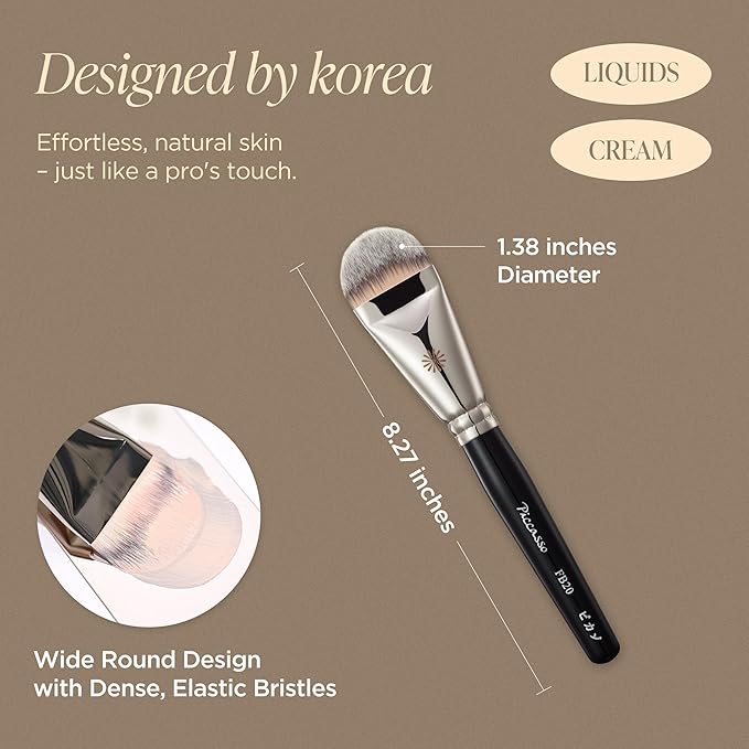 Piccasso Precision Base Set – FB20 Foundation Brush + 6P Latex Round Makeup Sponges, Korean Beauty Tools for Flawless Coverage, Dewy & Matte Finish, Seamless Blending Kit