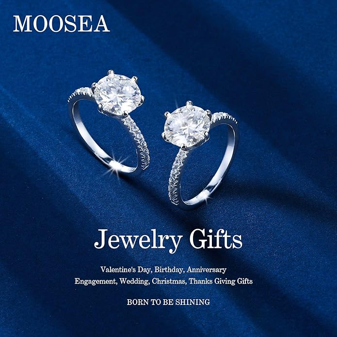 MOOSEA 3CT Moissanite Engagement Rings for Women, Brilliant D Color VVS1 Clarity Lab Created Rings S925 Sterling Silver 14K White Gold Vermeil 6 Claw Moissanite Ring for Women Jewelry Gifts