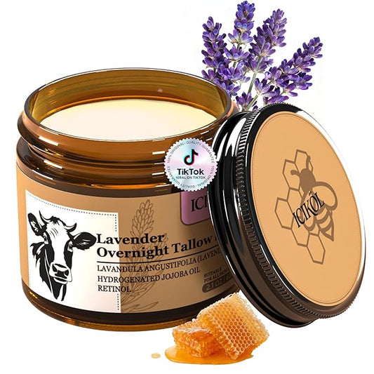 Organic Beef Tallow Honey Balm, Handmade Moisturizer Beef Tallow for Face and Body, Grass Fed Beef Tallow for Dry Skin, Pure Natural Cream with Lavender Scented, 2.1oz