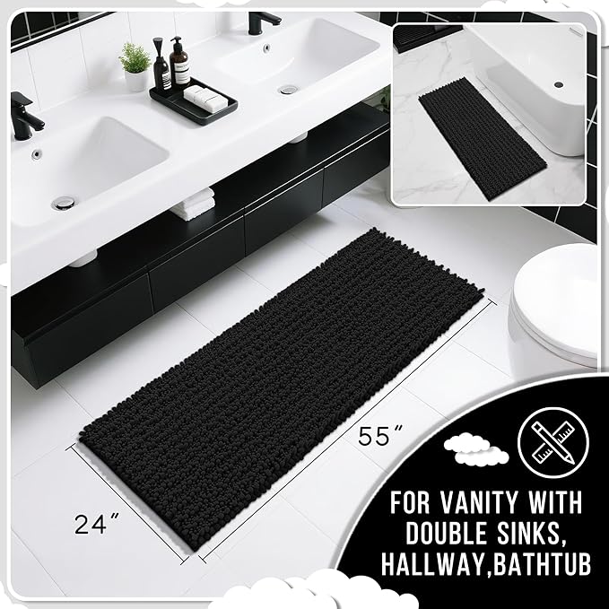Yimobra Bathroom Runner Rug 55x24 Inch - Extra Long Non Slip Chenille Bath Mat, Soft & Absorbent, Machine Washable Shaggy Hallway Carpet for Vanity Tub Shower, Black Home Decor Accessories