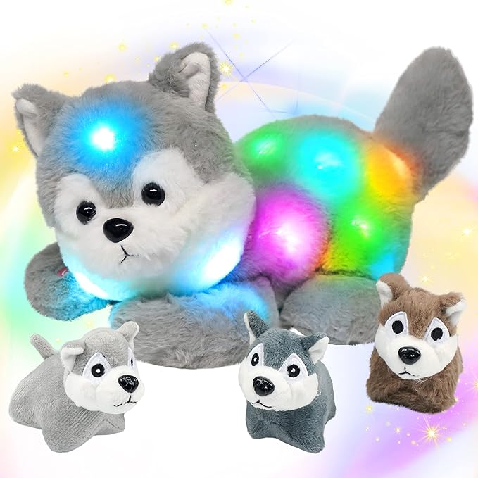 Hopearl LED Plush Husky Lighting Up Stuffed Mommy Dog with 3 Baby Puppies in her Tummy Stuffed Animal Playset Night Lights Glow in The Dark Gifts for Mom Toddler Boys Girls, Gray, 17''