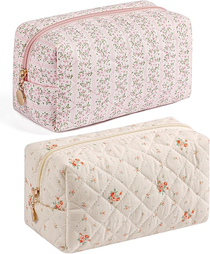 Makeup Bag Travel Cosmetic Bag for Women Girls, Zipper Make Up Pouch, Floral Flowers Toiletry Organizer Makeup, Portable Storage Cosmetic Travel Cloth Bag (Pink+White Small Flower)