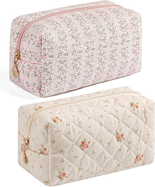 Makeup Bag Travel Cosmetic Bag for Women Girls, Zipper Make Up Pouch, Floral Flowers Toiletry Organizer Makeup, Portable Storage Cosmetic Travel Cloth Bag (Pink+White Small Flower)