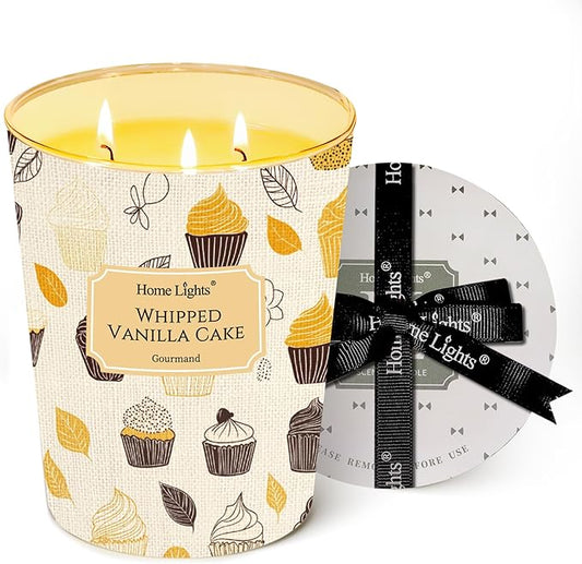 HomeLights Soy Wax Candles for Home Scented, 3-Wick Candles in Whipped Vanilla Cake Scented, Rustic Modern Aromatherapy Candles Gift for Parties, Relaxing, 34oz