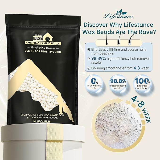 Lifestance 2.5lb Wax Beads Kit, Cream Hard Wax Beans For Hair Removal Eyebrow Face Underarm, Waxing for Brazilian Bikini Coarse Hair Women Men Large Pearl Beads Refill for Wax Pots