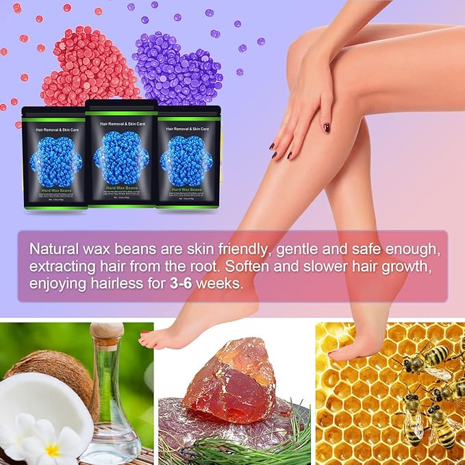 Wax Beads for Hair Removal 10.5oz (300g), Auperwel Hard Wax Beads Beans for Sensitive Skin Brazilian Waxing, Face, Bikini, Eyebrow, Legs, Painless for Women Men, 3 packs Kit with 10 Sticks