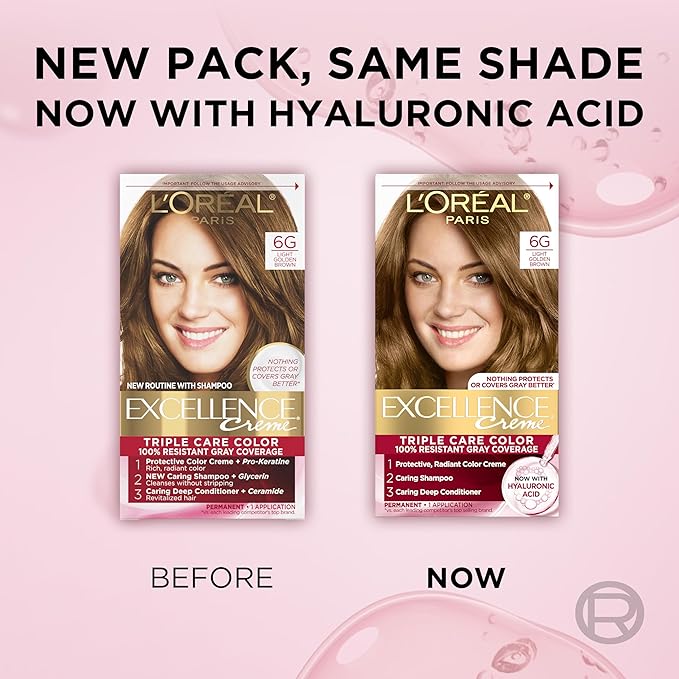 L'Oreal Paris Excellence Crème Permanent Hair Dye, Triple Care Hair Color with Pro-Keratine Complex for 100% Gray Hair Coverage, 6G Light Golden Brown, 1 Kit (Pack of 2)