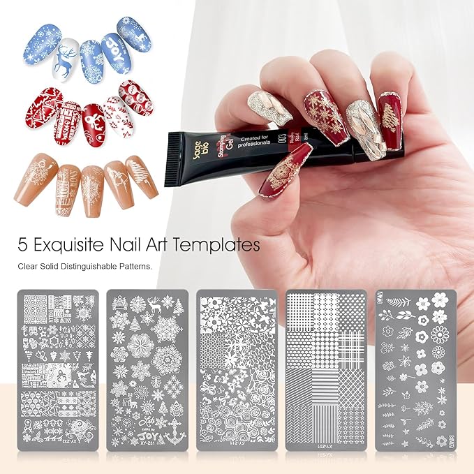 8 Colors Nail Stamping Polish Gels +5Pcs Stamp Print Templates+A set of Stamper with Scraper, Stamping Nail Polish Art Set Manicure Gift Collection