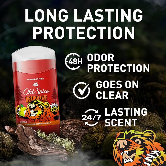 Old Spice Aluminum Free Deodorant for Men, 24/7 Odor Protection, 24/7 Freshness & Lasting Scent, Goes on Clear, Bearglove with Crisp Orchard Scent, 3.0 oz