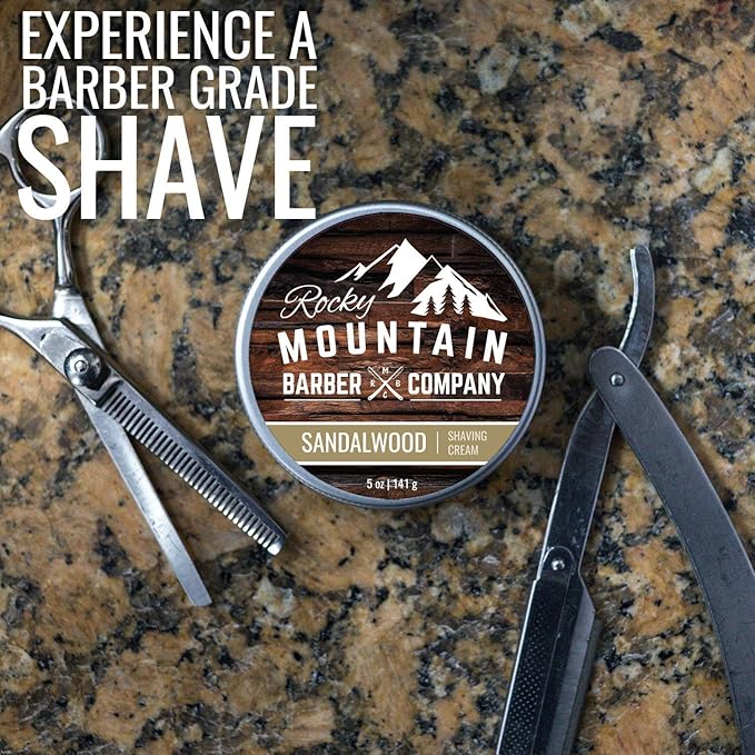 Shaving Cream for Men with Sandalwood Essential Oil - Thick Lather for Traditional and Cartridge Shaving - by Rocky Mountain Barber Company – 5oz Tin