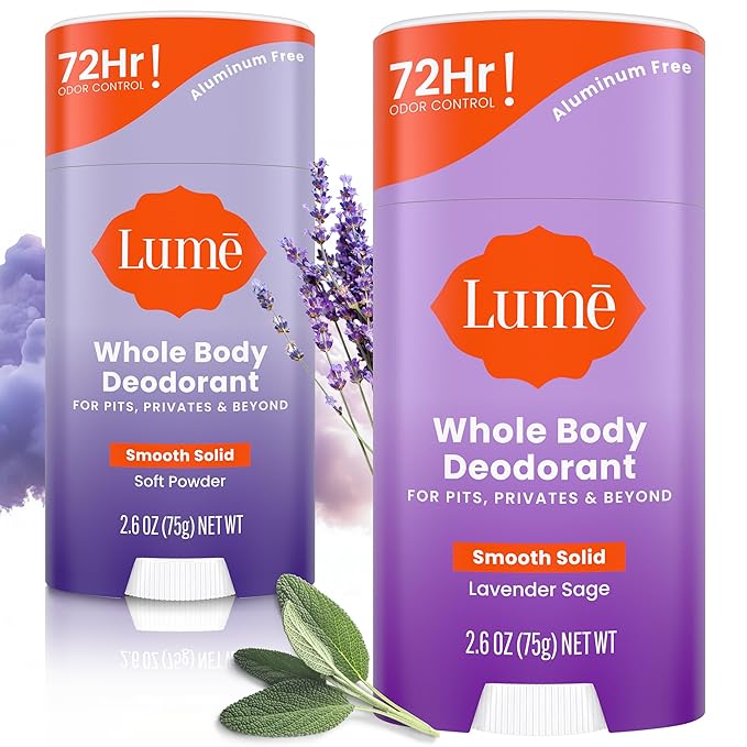 Lume Whole Body Deodorant - Smooth Solid Stick - 72 Hour Odor Control - Doctor Developed - Aluminum Free, Baking Soda Free and Skin Loving - 2.6 Ounce, Pack of 2 (Soft Powder & Lavender Sage)