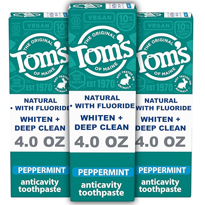 Tom's of Maine Whiten Plus Deep Clean Whitening Toothpaste, Natural Whitening Toothpaste with Plant-Based Cleansers, Enamel Safe, Whitens Without Causing Sensitivity, Peppermint, 4.0 oz (Pack of 3)