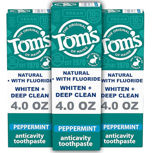Tom's of Maine Whiten Plus Deep Clean Whitening Toothpaste, Natural Whitening Toothpaste with Plant-Based Cleansers, Enamel Safe, Whitens Without Causing Sensitivity, Peppermint, 4.0 oz (Pack of 3)