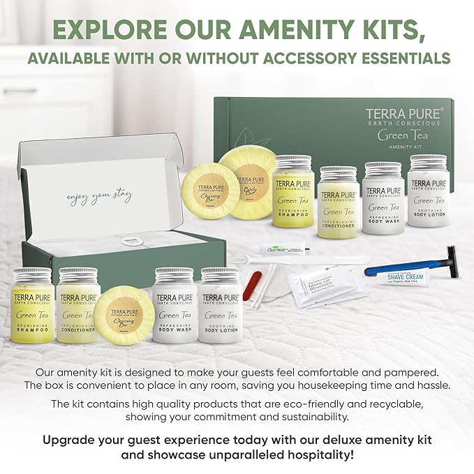 Terra Pure Green Tea Amenity Kit | Boxed Hotel Bulk Toiletries | 1 oz Shampoo, Conditioner, Lotion, Body Wash, Body Bar Soap for Guest Hospitality Vacation Rentals | 60 Sets/Case