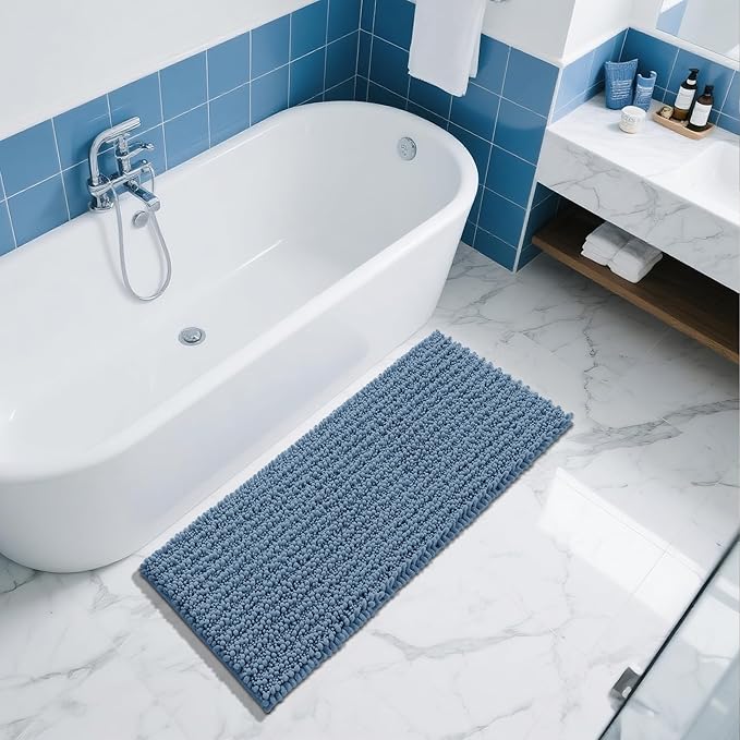 Yimobra Bathroom Runner Rug 55x24 Inch - Extra Long Non Slip Chenille Bath Mat, Soft & Absorbent, Machine Washable Shaggy Hallway Carpet for Vanity Tub Shower, Denim Blue Home Decor Accessories