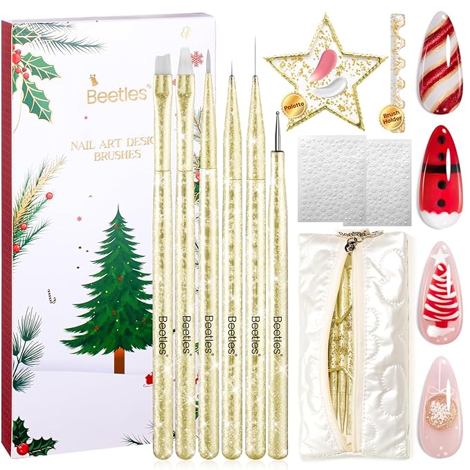 Beetles Christmas Nail Art Brushes 6pcs – Golden Gleam Nail Art Tools Liner Brushes for Nails Dotting Tool Gradient/French/Petal Manicure Design Pen with Star Palette Holder Nails Stickers Pouch Bag