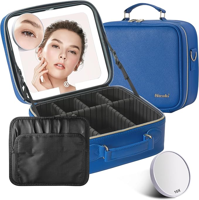 Mocado Travel Makeup Bag with LED Lighted Mirror,Travel Makeup Organizer,Makeup Case with 3 Color Lighted Setting and 10x Magnifying Mirror,Portable Storage and Adjustable Dividers Makeup Box(Blue)