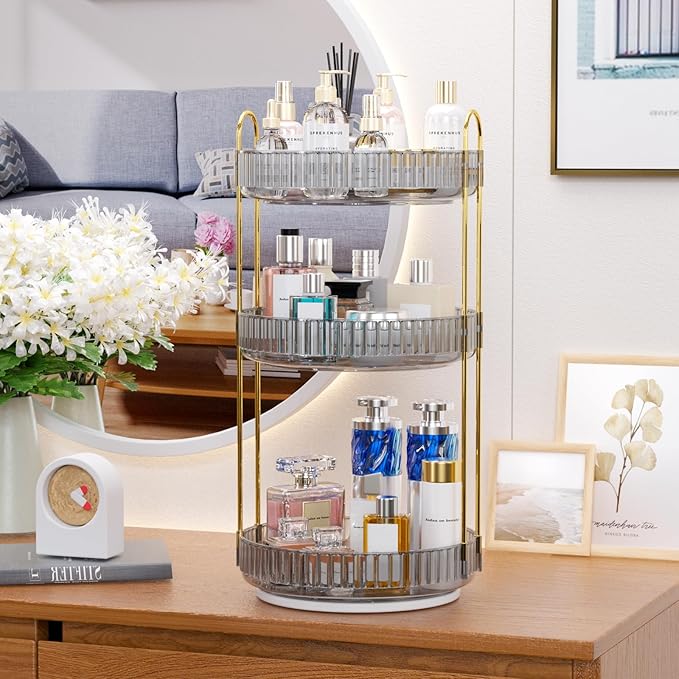 GTI 360°Rotating Makeup Organizer, 3 Tier Large Capacity Perfume Cosmetics Skincare Vanity Organizers,Bathroom Counter Organizer, Dresser Spinning Countertop Organizer and Storage for Women (Grey)