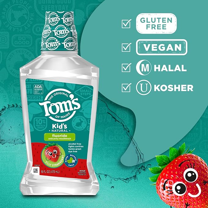 Tom's of Maine Children's Anticavity Fluoride Rinse Mouthwash, Silly Strawberry, 16 Fl Oz (Pack of 6) (Packaging May Vary)
