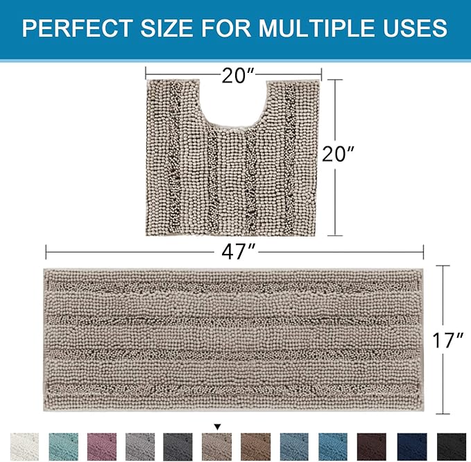 H.VERSAILTEX Bathroom Rugs Bath Rug Set 2 Piece Bathroom Contour Rug Toilet Mat Sets Non Slip Contour Bath Rug Ultra Thick Water Absorbent Striped Bath Mats Washable(47" x 17" Plus 20" x 20" U, Taupe)