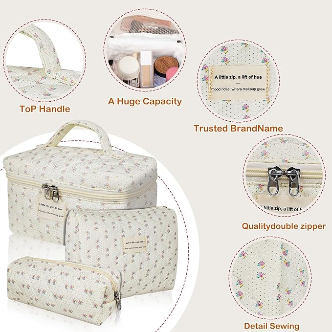 Quilted Makeup Bag, Large Floral Cosmetic Bag for Women, Cute Cotton Makeup Bag, Flower Travel Toiletry Organizer Bag (Flower)