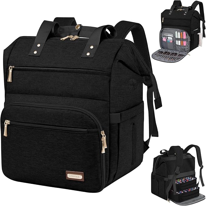 LTINVECK Nail Polish Organizer Case Backpack Holds 70 Bottles (15ml/0.5fl.oz)& Nail Lamp, 2 Layers Detachable Nail Kit Storage Case, Large Travel Nail Supplies Shoulder Bag for Manicure Tools (black)