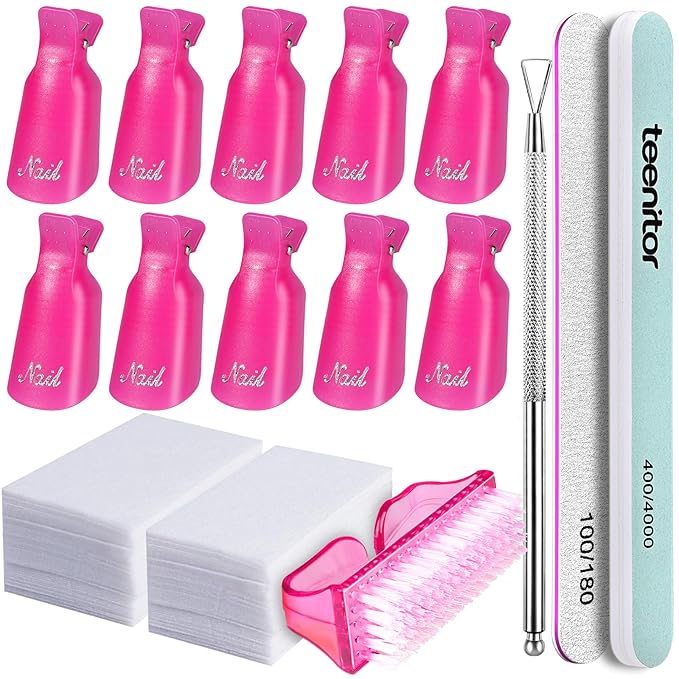Teenitor Gel Nail Polish Remover Kit with 10pcs Nail Polish Remover Clips Cap 115pcs Nail Wipe Cotton Pads Nail Scraper Nail Files and Buffer Bushes - Hot Red