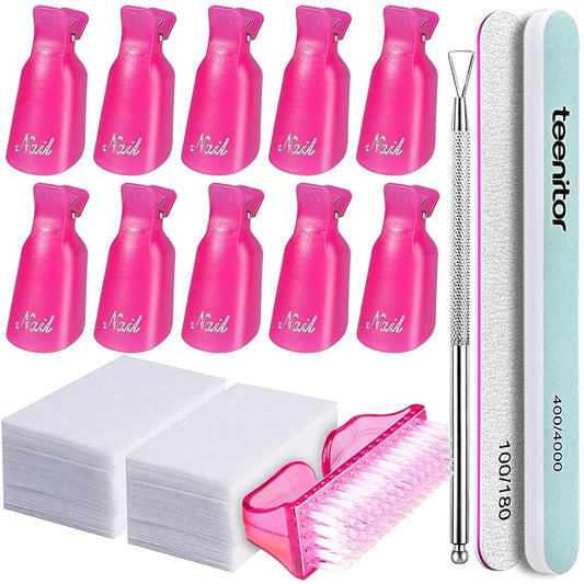 Teenitor Gel Nail Polish Remover Kit with 10pcs Nail Polish Remover Clips Cap 115pcs Nail Wipe Cotton Pads Nail Scraper Nail Files and Buffer Bushes - Hot Red